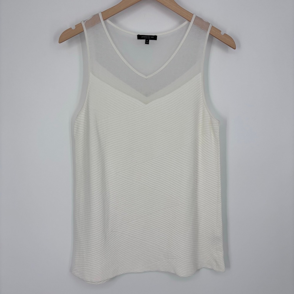 Lafayette 148 New York Ribbed Knit Mesh Panel Tank Top Women Medium White Cream